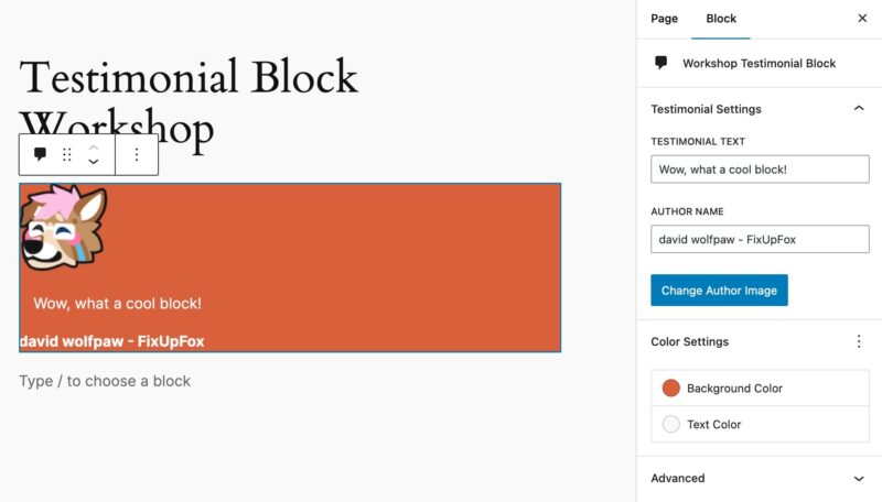a screenshot of the testimonial block backend, showing all editable fields moved to the inspector panel sidebar